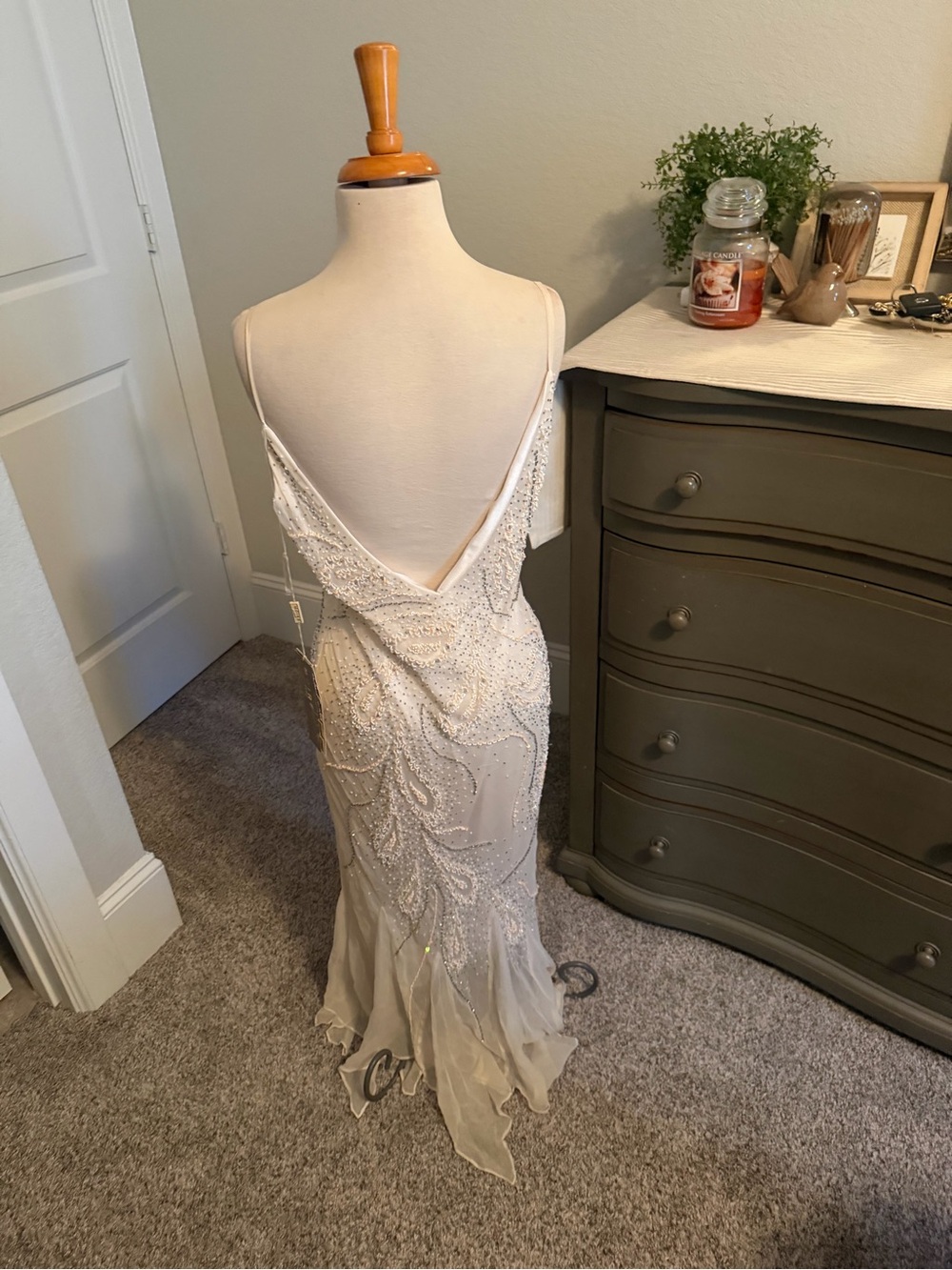 Silk Ivory Beaded V-Back Women’s Evening Dress